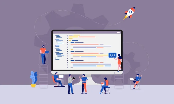 イラストは 開発者やプログラマの開発コードとウェブサイト オンド デスクトップ モバイル デバイスを介して一緒に仕事を設計します ベクトルを説明します — ストックベクタ