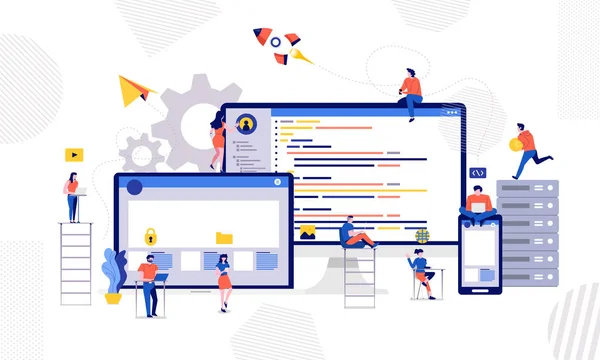 イラストは 開発者やプログラマの開発コードとウェブサイト オンド デスクトップ モバイル デバイスを介して一緒に仕事を設計します ベクトルを説明します — ストックベクタ