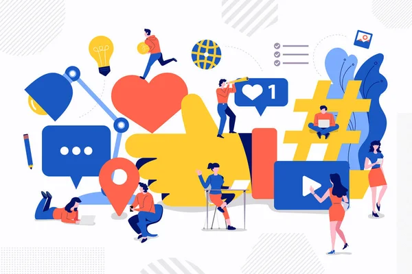 Illustrationen Design Konzept Große Social Media Ikonen Entwicklung Durch Teamwork — Stockvektor