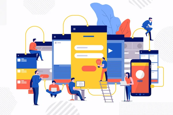 Illustrations Design Concpt Teamwork Building Wireframe Mobile Website Application Small — Image vectorielle