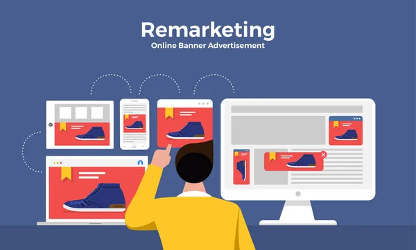 Yeniden hedefleme veya yeniden pazarlama, dijital pazarlama kavramı düz tasarım. online afiş reklam ağı. Vektör çizimler.