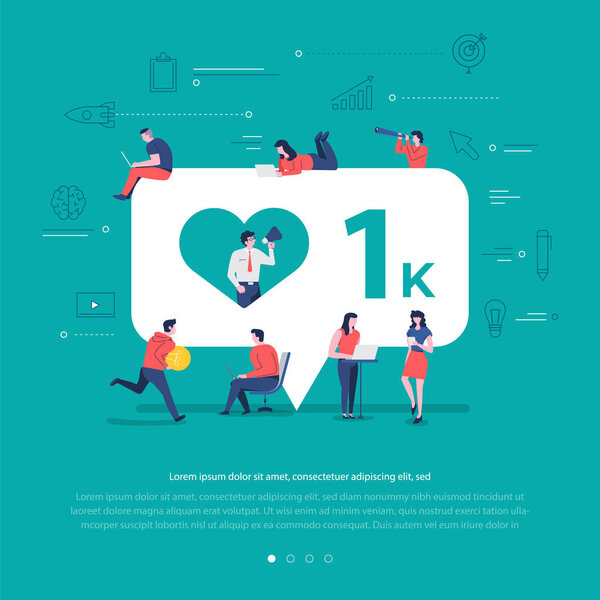 Flat design concept group of peoples work together building social network symbol notification. Vector illustrations.