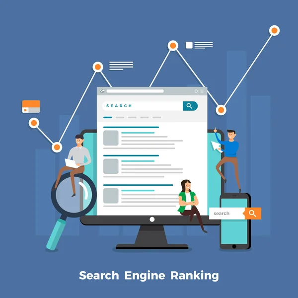 Platte Ontwerp Concept Search Engine Optimization Resultaat Ranking Pagina Vectorillustraties — Stockvector