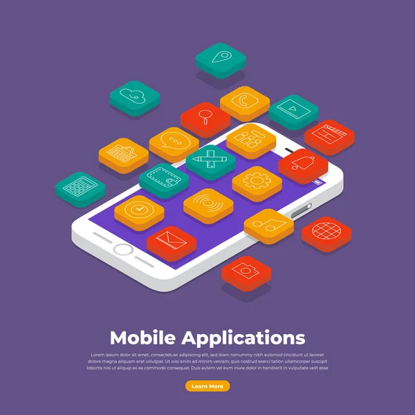 Concetto Design Piatto Applicazioni Mobili Dispositivi Smartphone Illustrazioni Vettoriali Isometriche — Vettoriale Stock