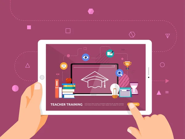 Ilustraciones Diseño Concpt Learning Hand Click Tablet Online Course Teacher — Vector de stock