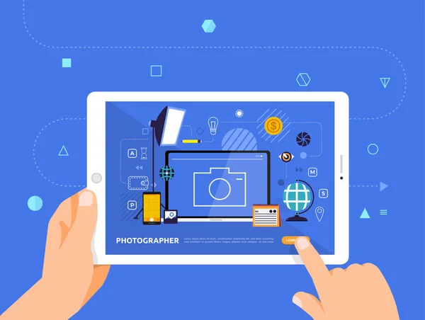 Ilustracje Projektowanie Concpt Learningu Ręki Kliknij Tablecie Kurs Online Fotograf — Wektor stockowy