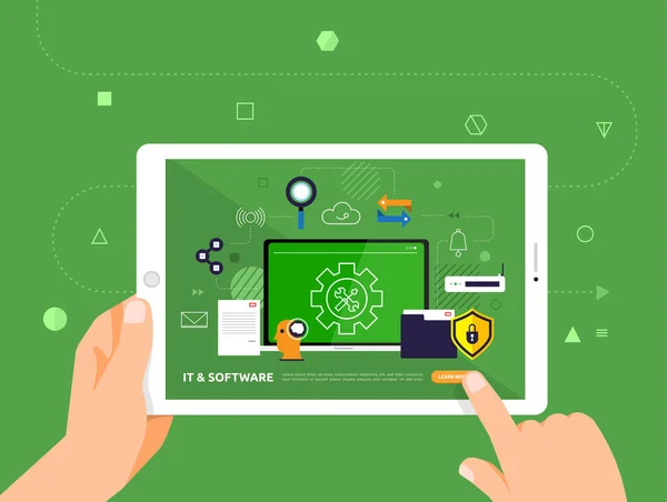 Illustrationen Design Konzeption Learning Mit Handklick Auf Tablet Online Kurs — Stockvektor