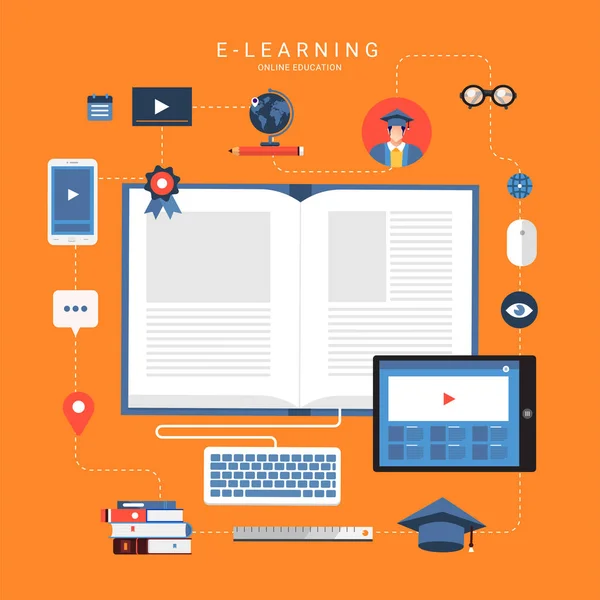 Platte Ontwerp Concept Mensen Onderwijs Online Kennis Witgh Elearning Programma — Stockvector