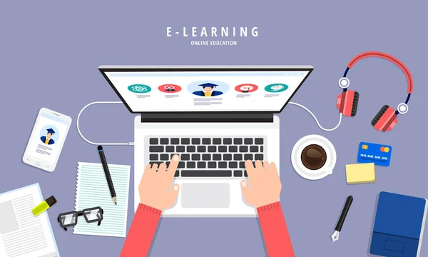 Platte Ontwerp Concept Mensen Onderwijs Online Kennis Witgh Elearning Programma — Stockvector
