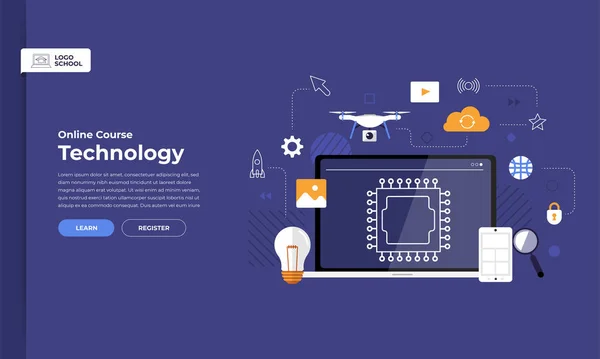 Mockup Design Landing Page Website Bildung Online Kurs Technologie Vektorillustrationen — Stockvektor