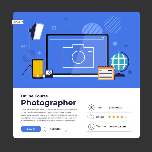 Mockup Design Landing Page Website Bildung Online Kurs Fotografie Vektorillustrationen — Stockvektor