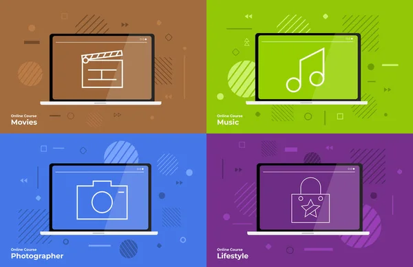 Banner Set Flat Design Element Icons Concept Education Online Course —  Vetores de Stock