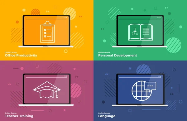 Banner Set Flat Design Element Icons Concept Education Online Course —  Vetores de Stock