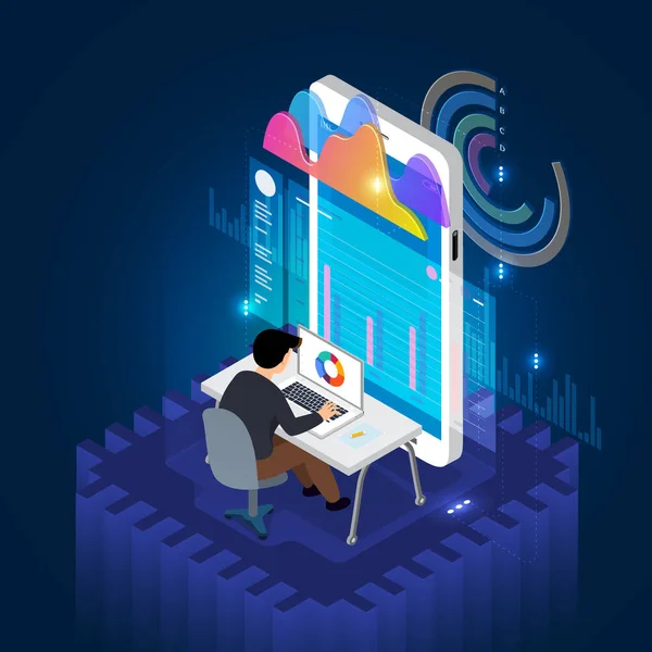 Isometric Illustrate Concept Businessman Analysis Data Information Mobile Screen Vector — Stock Vector