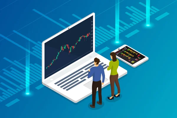 Flache Design Konzept Börse Und Händler Finanzmarktgeschäft Mit Diagrammdiagrammanalyse Isometrische — Stockvektor