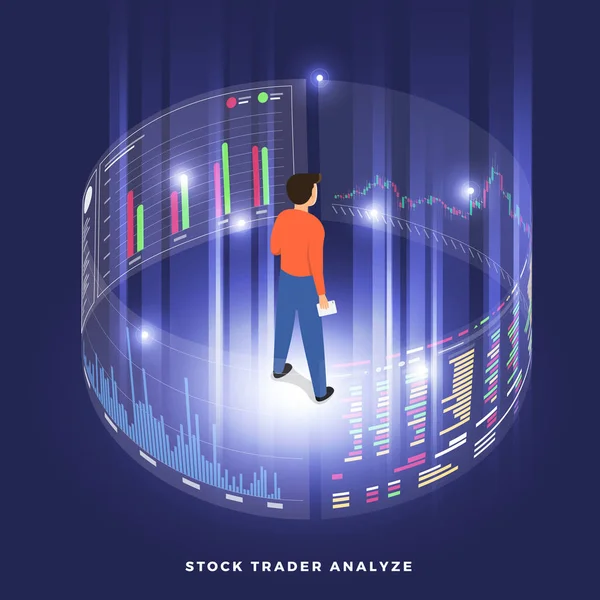 Flache Design Konzept Börse Und Händler Finanzmarktgeschäft Mit Diagrammdiagrammanalyse Isometrische — Stockvektor