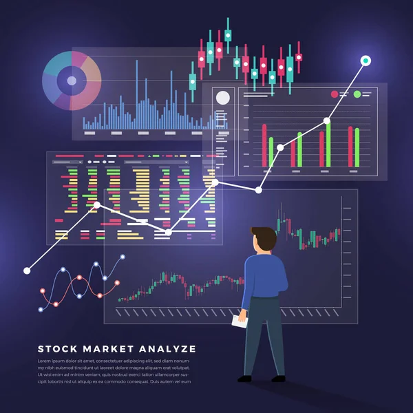 平面设计概念股票交易所和交易商 金融市场业务与图表分析 矢量插图 — 图库矢量图片