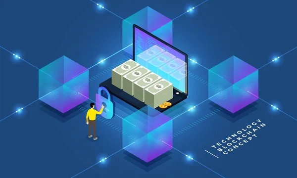 디자인 Blockchain Cryptocurrency 기술입니다 레이아웃 디자인 웹사이트 배너에 구성입니다 아이소메트릭 — 스톡 벡터