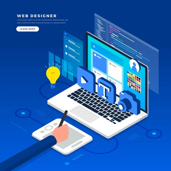 Design Plana Isométrica Web Designer Conceito Ilustração Vetorial Design Layout —  Vetores de Stock