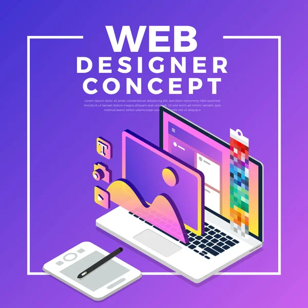 Isometrische Platte Ontwerp Concept Webdesigner Vectorillustratie Website Lay Outontwerp — Stockvector
