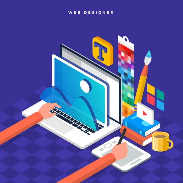 Isometrische Platte Ontwerp Concept Webdesigner Vectorillustratie Website Lay Outontwerp — Stockvector