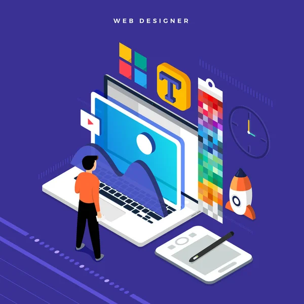Isometric Flat Design Concept Web Designer Vector Illustration Website Layout — Stock Vector