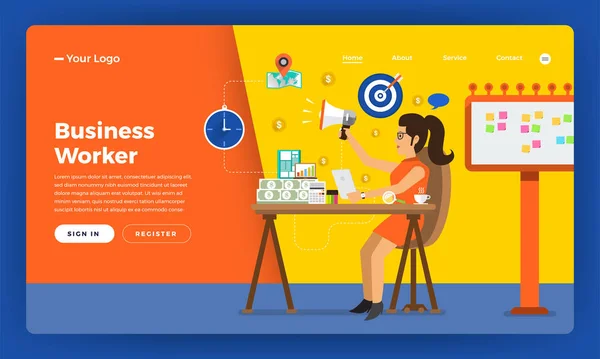 Mock Design Website Flat Design Concept Arbeitszeit Arbeiter Büro Vektorillustration — Stockvektor