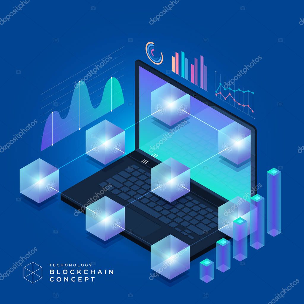 Flat design concept blockchain and cryptocurrency technology. Composition for layout design website banner. Isometric vector illustration.