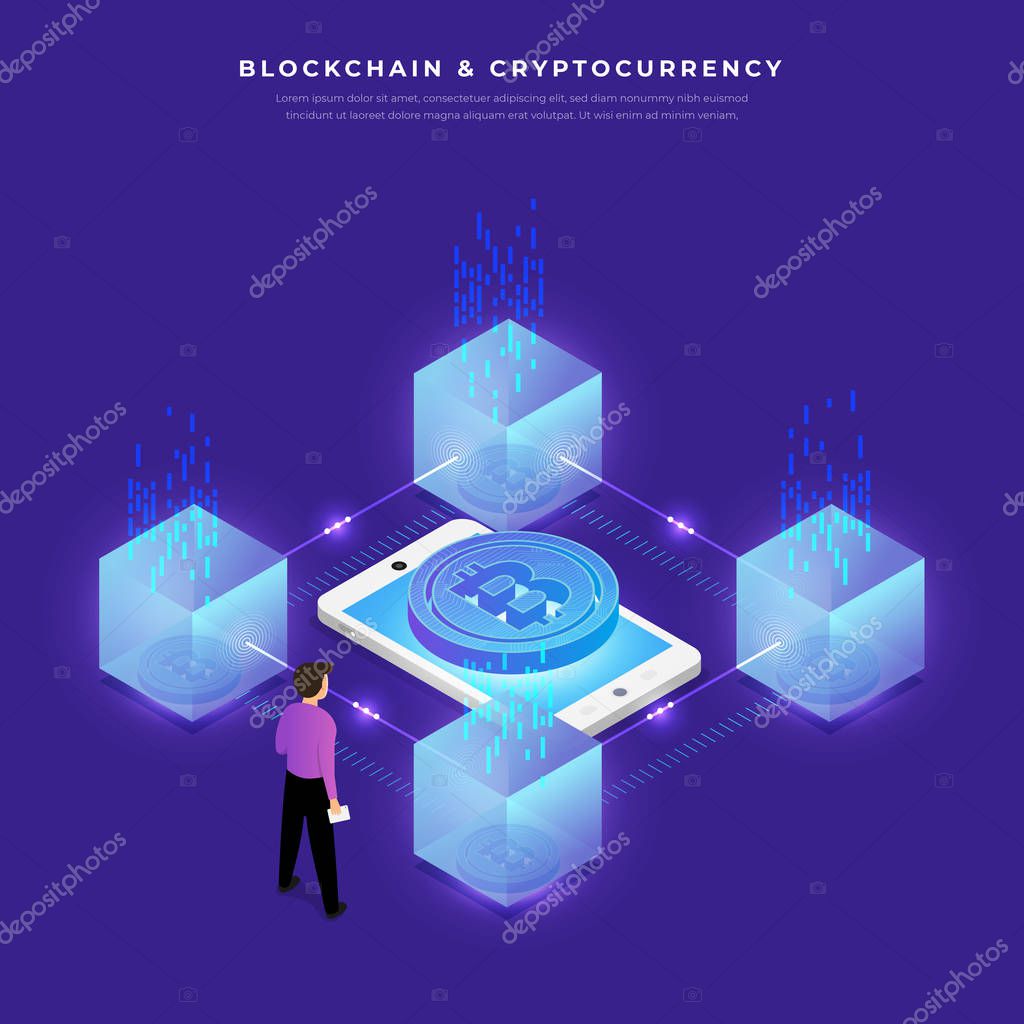 Flat design concept blockchain and cryptocurrency technology. Composition for layout design website banner. Isometric vector illustration.