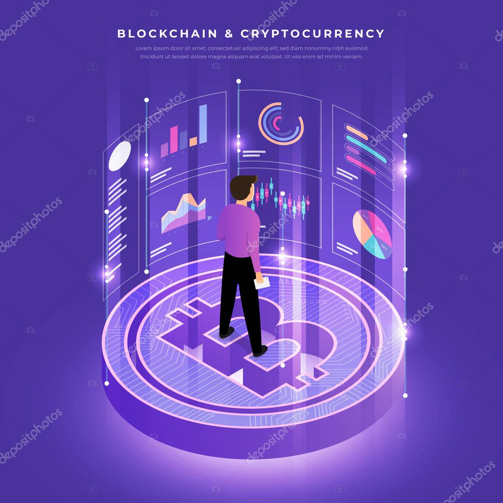 Flat design concept blockchain and cryptocurrency technology. Composition for layout design website banner. Isometric vector illustration.