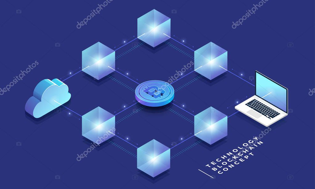 Flat design concept blockchain and cryptocurrency technology. Composition for layout design website banner. Isometric vector illustration.