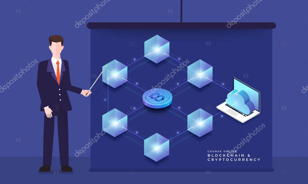 Flat design concept blockchain and cryptocurrency technology. Composition for layout design website banner. Isometric vector illustration.