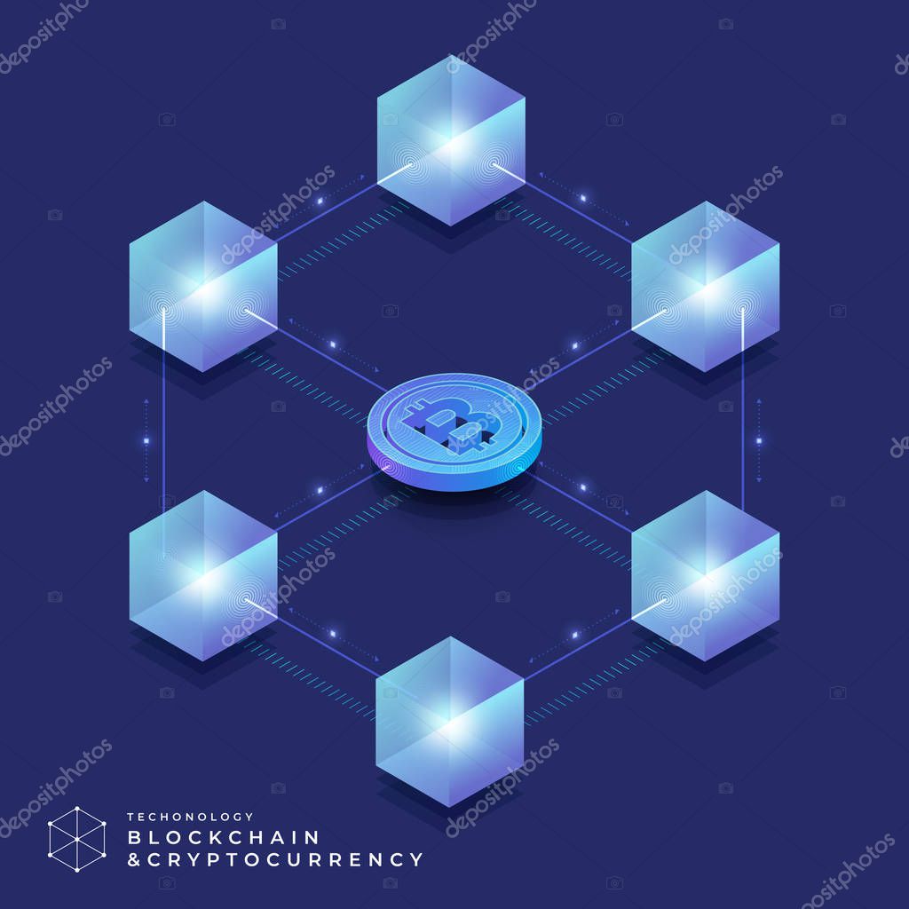 Flat design concept blockchain and cryptocurrency technology. Composition for layout design website banner. Isometric vector illustration.