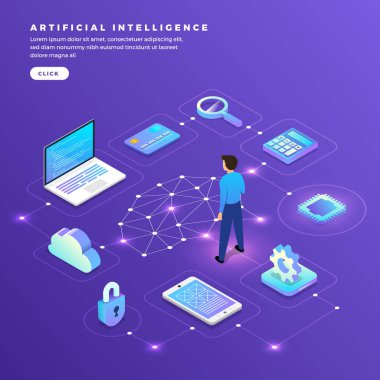 İllüstrasyonlar kavramı yapay zeka AI. Teknoloji akıllı beyin bilgisayar ve aygıt bağlama makine çalışma. İzometrik vektör göstermek.