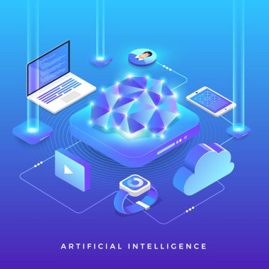 İllüstrasyonlar kavramı yapay zeka AI. Teknoloji akıllı beyin bilgisayar ve aygıt bağlama makine çalışma. İzometrik vektör göstermek.