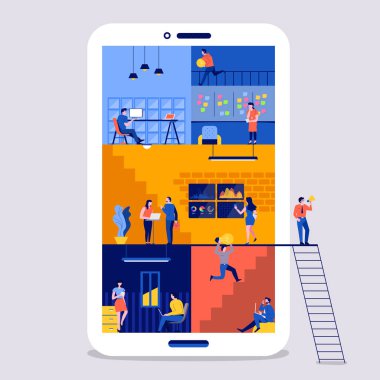 Sosyal medya platformu mobil uygulama oluşturmak için illüstrasyonlar düz tasarım kavramı çalışma alanı. Küçük işletme emekçilerin içinde oluşturun. Vektör göstermek.