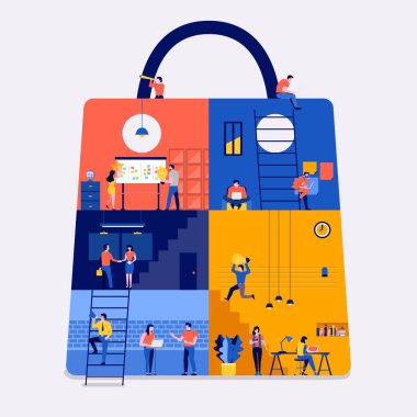 İllüstrasyonlar düz tasarım kavramı çalışma alanı simgesi online alışveriş web sitesi oluşturun. Küçük işletme emekçilerin içinde oluşturun. Vektör göstermek.