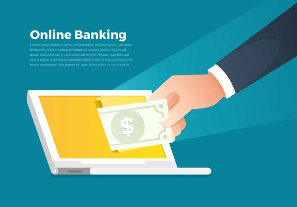 Illustrazioni Concetto Online Banking Denaro Mano Tenere Soldi Schermo Notebook — Vettoriale Stock