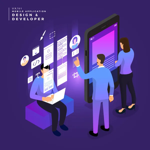 Business Concept Teamwork Van Volkeren Werken Design Ontwikkeling Mobiele Applicatie — Stockvector