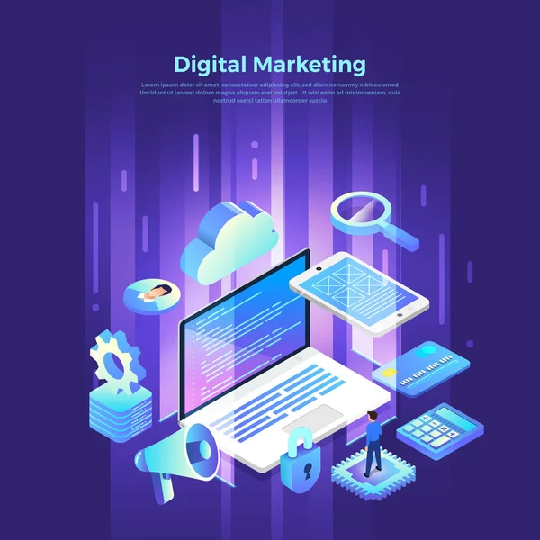 Ilustrações Conceito Design Plano Marketing Digital Negócios Comunicação Através Dispositivo —  Vetores de Stock