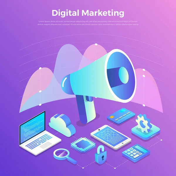 Ilustrações Conceito Design Plano Marketing Digital Negócios Comunicação Através Dispositivo —  Vetores de Stock