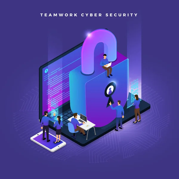 Business Teamwork Von Kleinen Völkern Arbeitskonzept Cyber Sicherheitsdaten Und Computer — Stockvektor