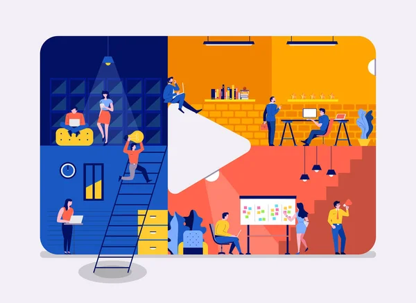 Illustrations Flat Design Concept Espace Travail Bâtiment Icône Contenu Vidéo — Image vectorielle