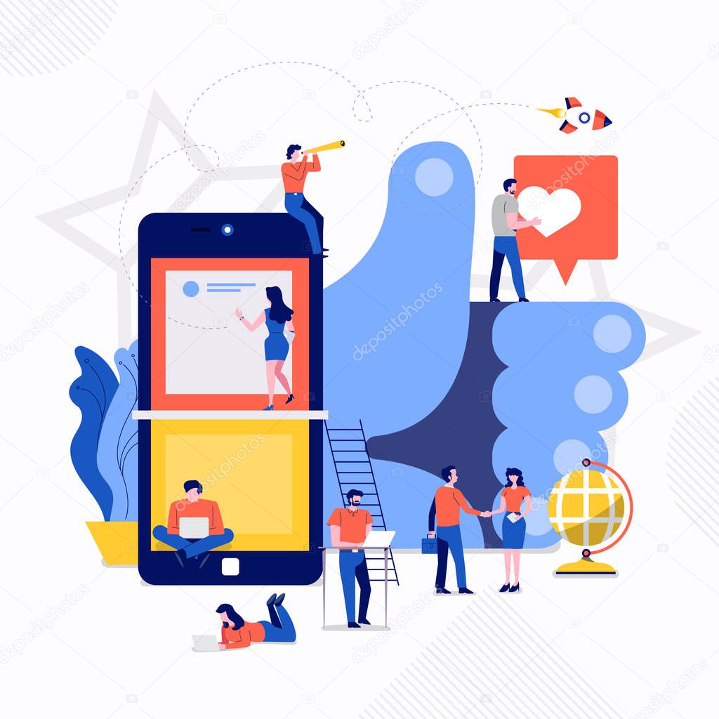 Illustrations flat design concept small people working together create big icon about social engagement. Vector illustrate.