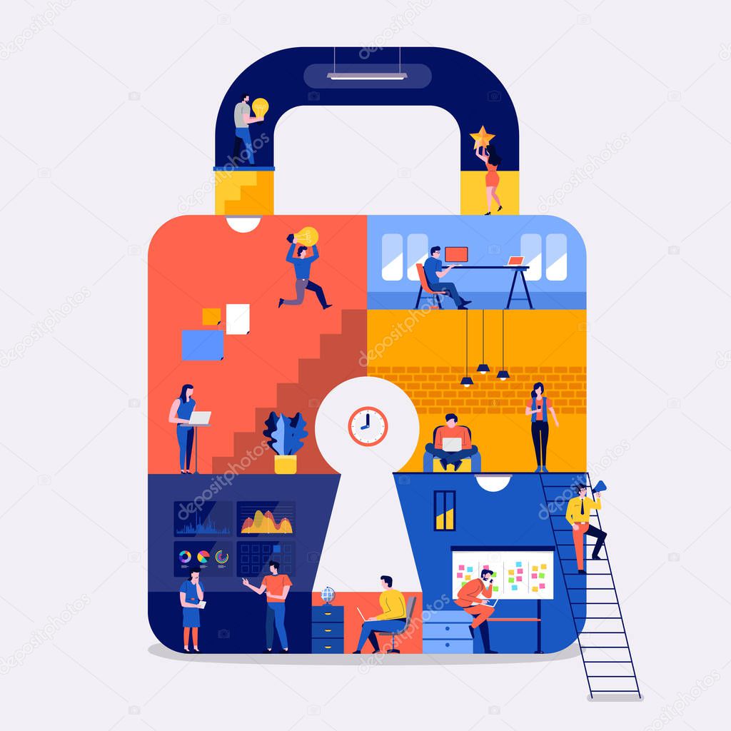 Illustrations flat design concept working space create online platform internet security. Create by small business people working inside. Vector illustrate.