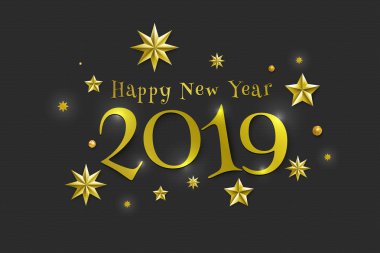 2019 tipografik altın Noel yıldız bir arka plan üzerinde. Mutlu yeni yıl kartı tasarım. Vektör çizim.