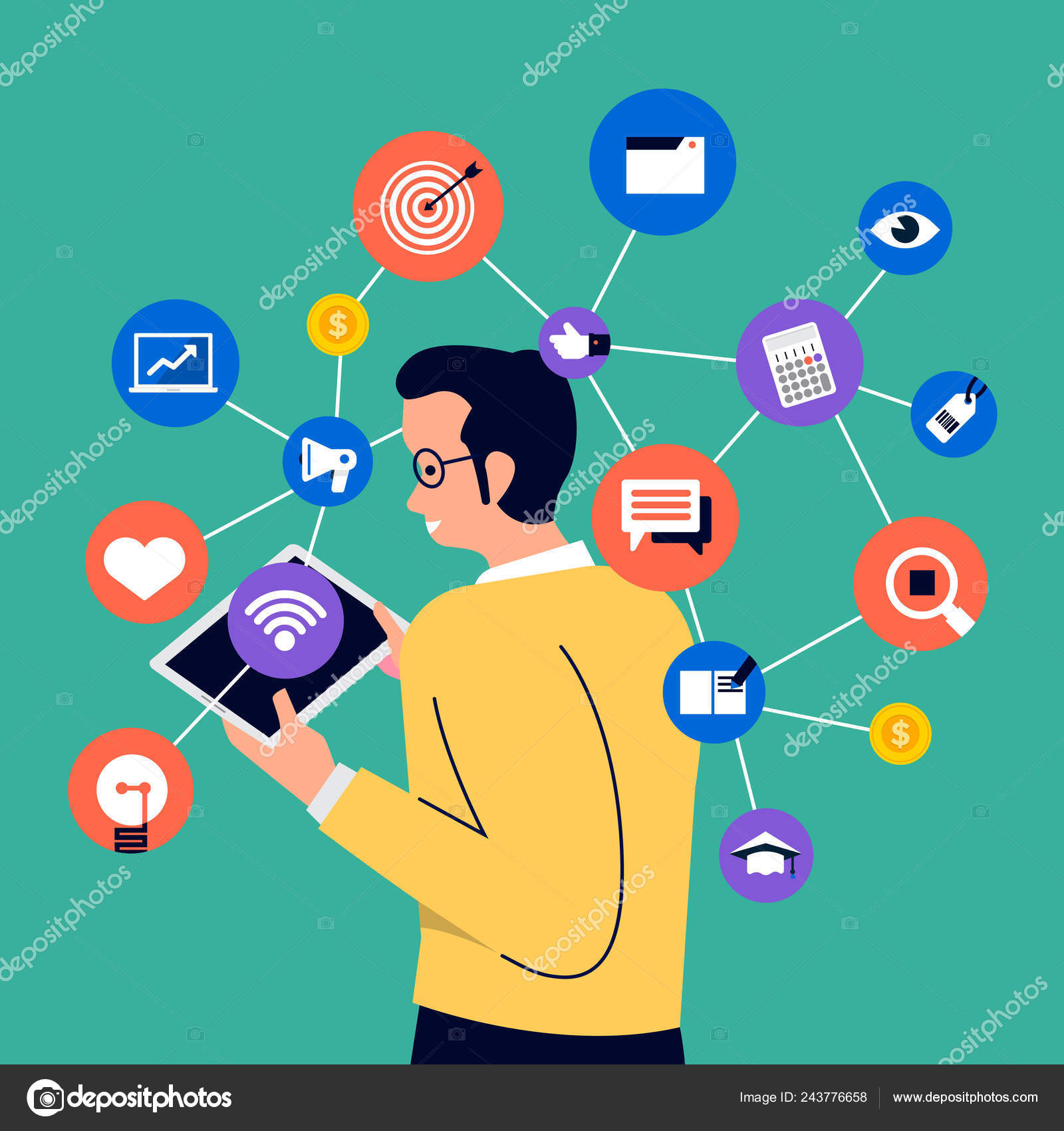 Set Cartoon Peoples Using Internet Device Smartphone Laptop