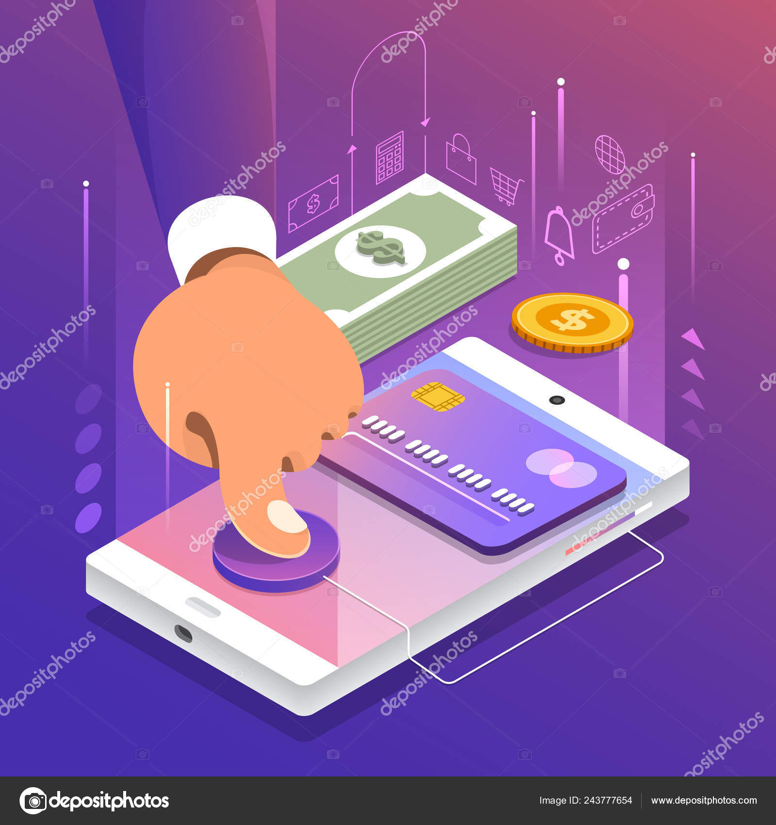 图解概念在线支付和转账现金和交易业务向量等距例证图库矢量图©emojoez 243777654