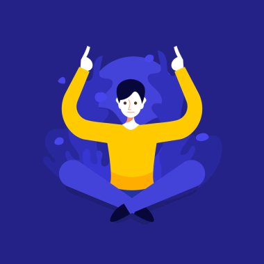 Yoga ve sakin olsun yapan erkek. Sakin ol, meditasyon kavramı. Çalışan çoklu görev. Vektör karikatür çizim. Düz tasarım