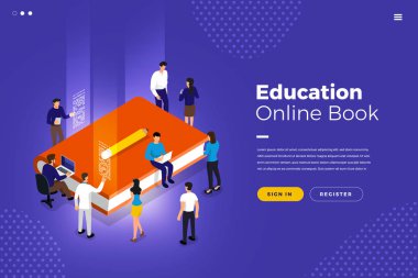 İzometrik düz tasarım kavramı eğitim kitapları araçları ve öğe. Takım çalışması iş çözüm bilgi bina. Vektör çizimler.